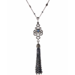 Exclusive tassel necklace with sapphire and black pearls N-00681